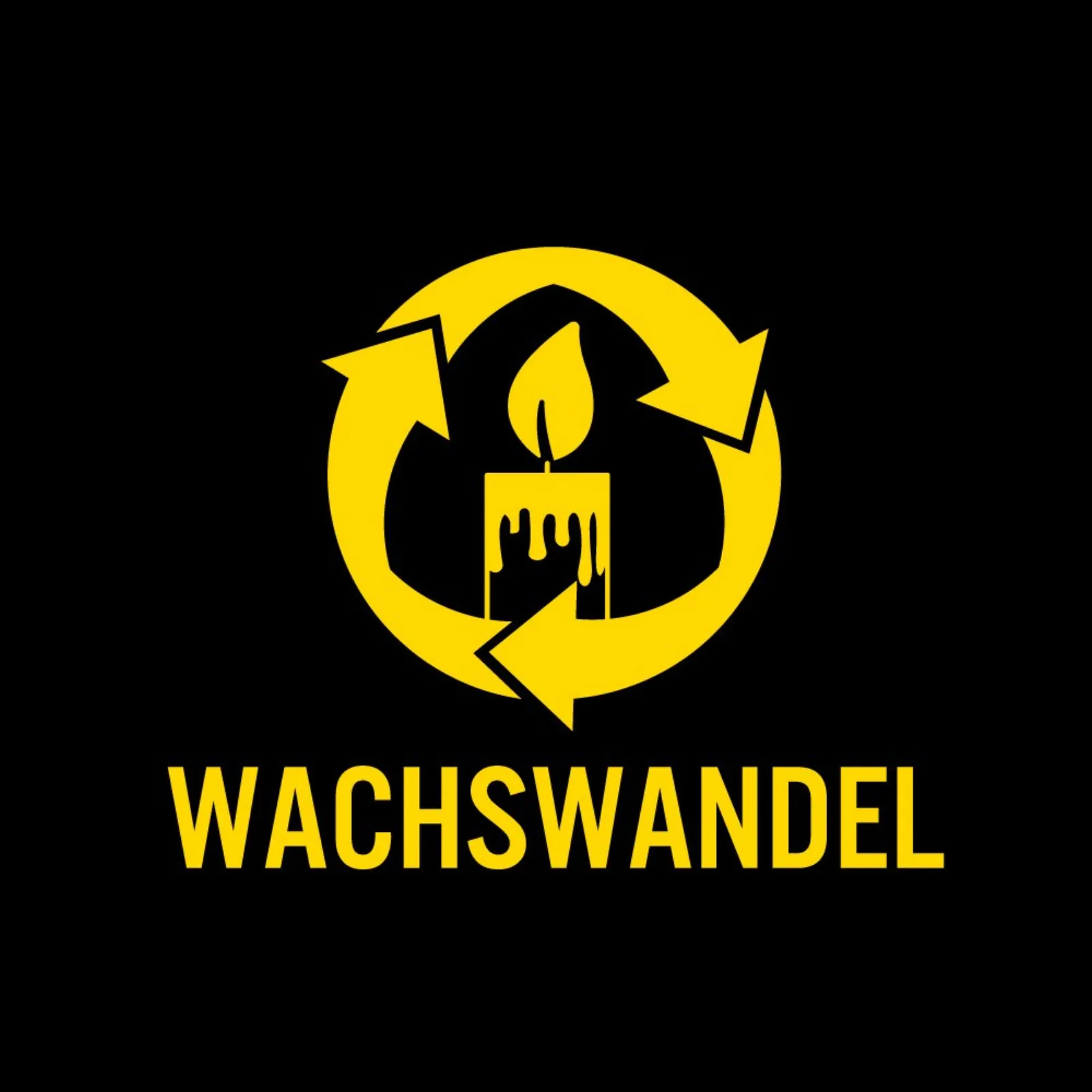 Das Wachswandel-Logo: eine Kerze im Kreislaufpfeil, gelb auf schwarz - zur Story der Gründung