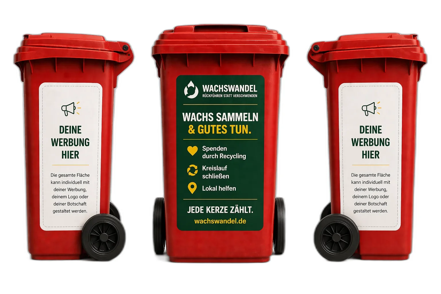 Drei Wachswandel-Sammeltonnen - links und rechts mit Werbe-Platzhalter, Mitte mit Wachswandel-Branding