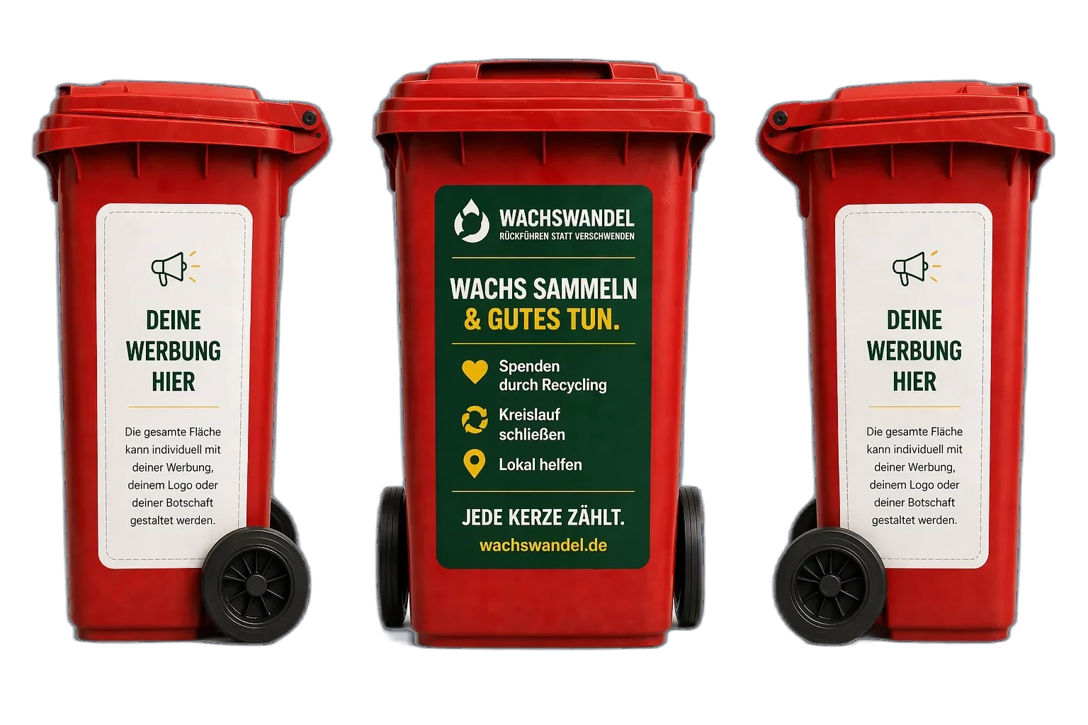 Drei Wachswandel-Sammeltonnen - links und rechts mit Werbe-Platzhalter, Mitte mit Wachswandel-Branding
